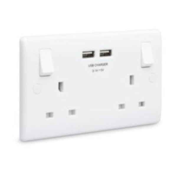 BG White Round Edged Moulded Double Switched Socket With USB