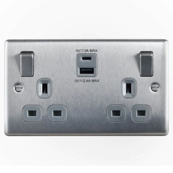 Brushed Chrome Double Switched Socket with USB A&C