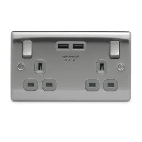 Brushed Chrome Double Switched Socket with USB