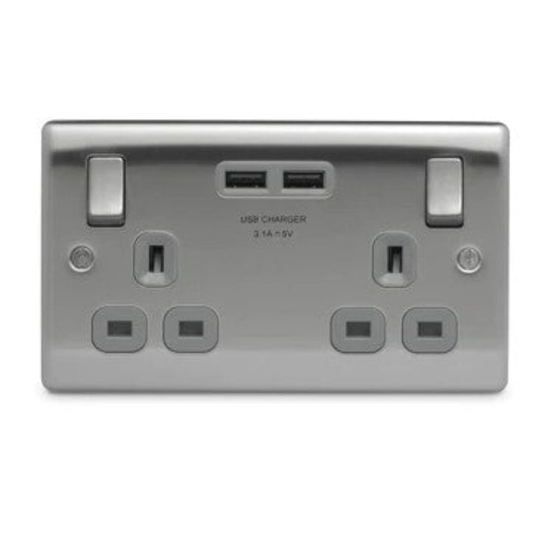Brushed Steel Double Switched Socket with USB