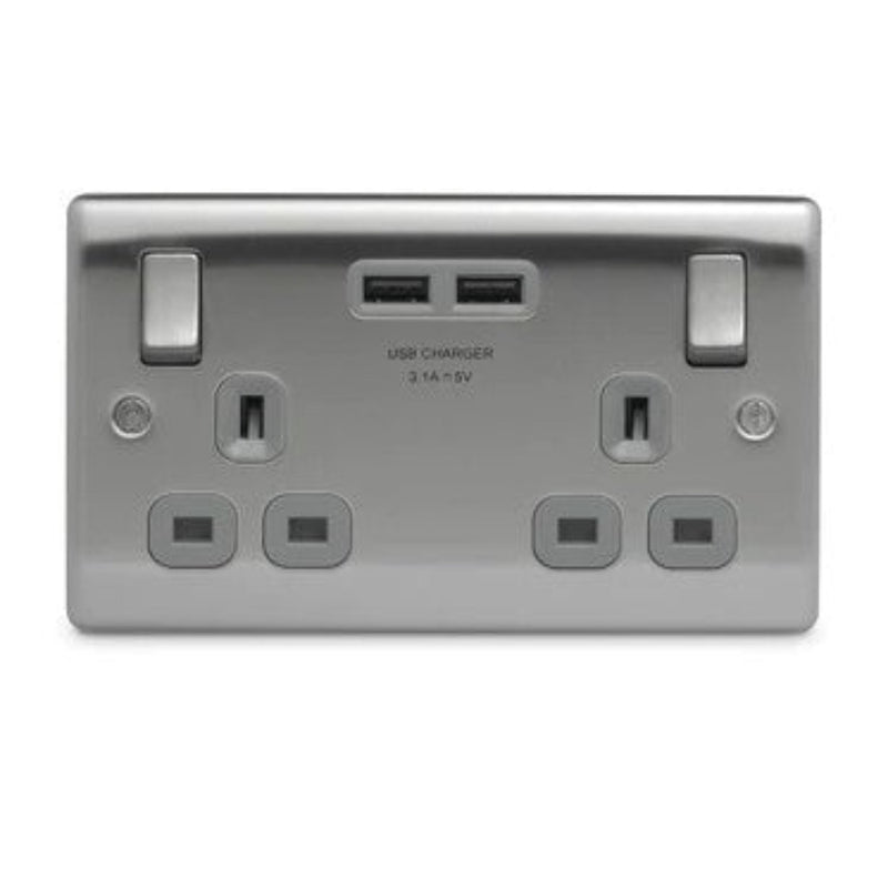 Brushed Chrome Double Switched Socket with USB