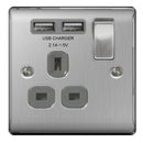 Brushed Steel Single Switched Socket with USB