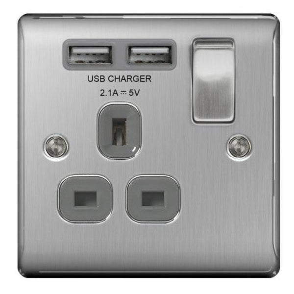 Brushed Chrome Single Switched Socket with USB