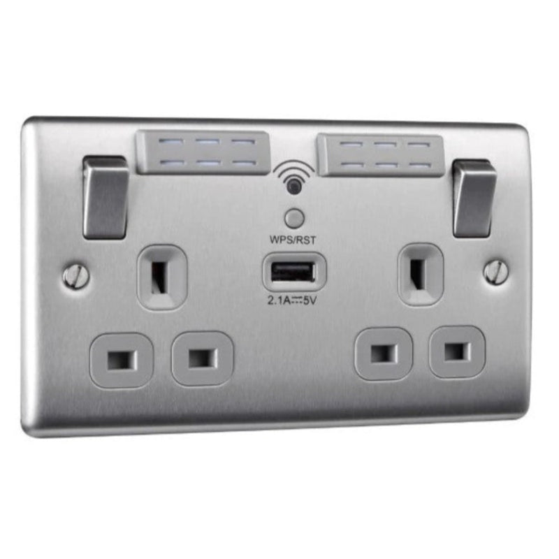 Brushed Chrome Double Switched Socket with USB & Wifi Booster