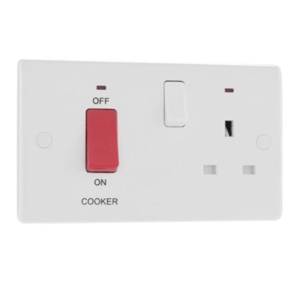 Multiple Socket Plug Plus Cooker Switch BG White Round Edged Moulded Double Pole 45amp Cooker Switch and Socke